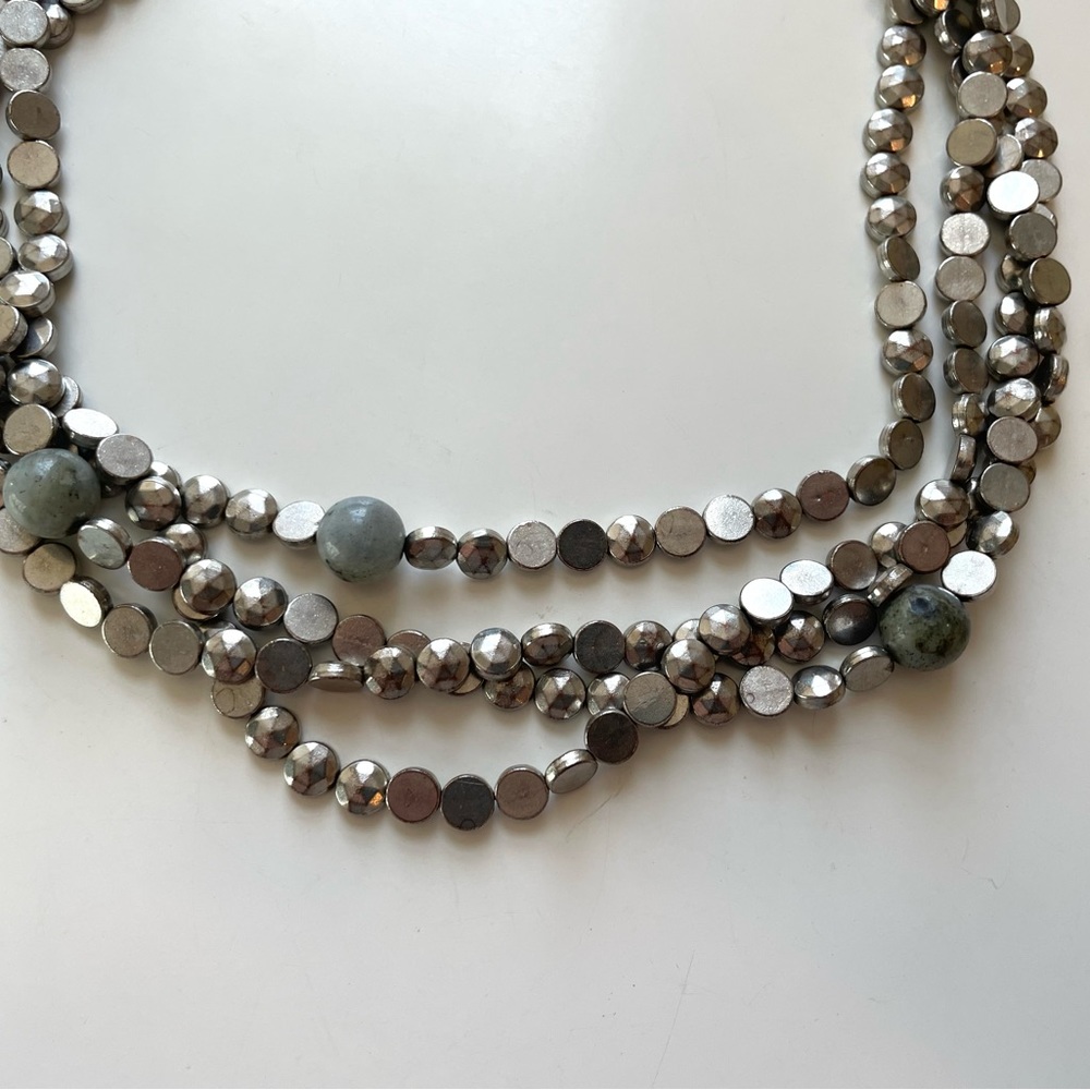 Statement Multi Layered Silver Beaded And Gray St… - image 8